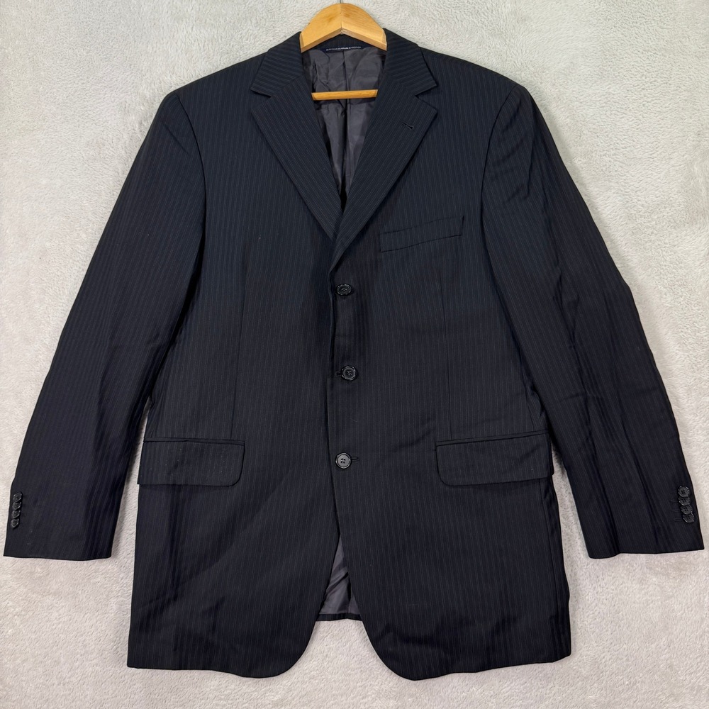 Coppley‎ Mens 42R Black Pinstripe Wool 3-Btn Suit Jacket Blazer Casual Stretch
